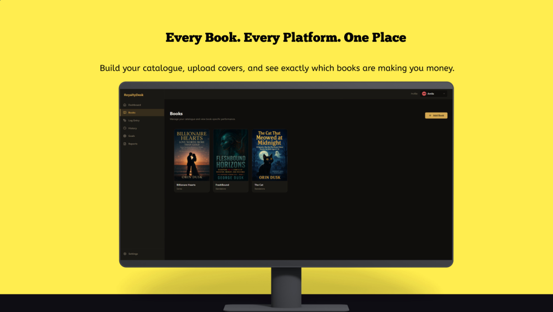 RoyaltyDesk Book Library — Manage your entire book catalogue with covers and per-book earnings