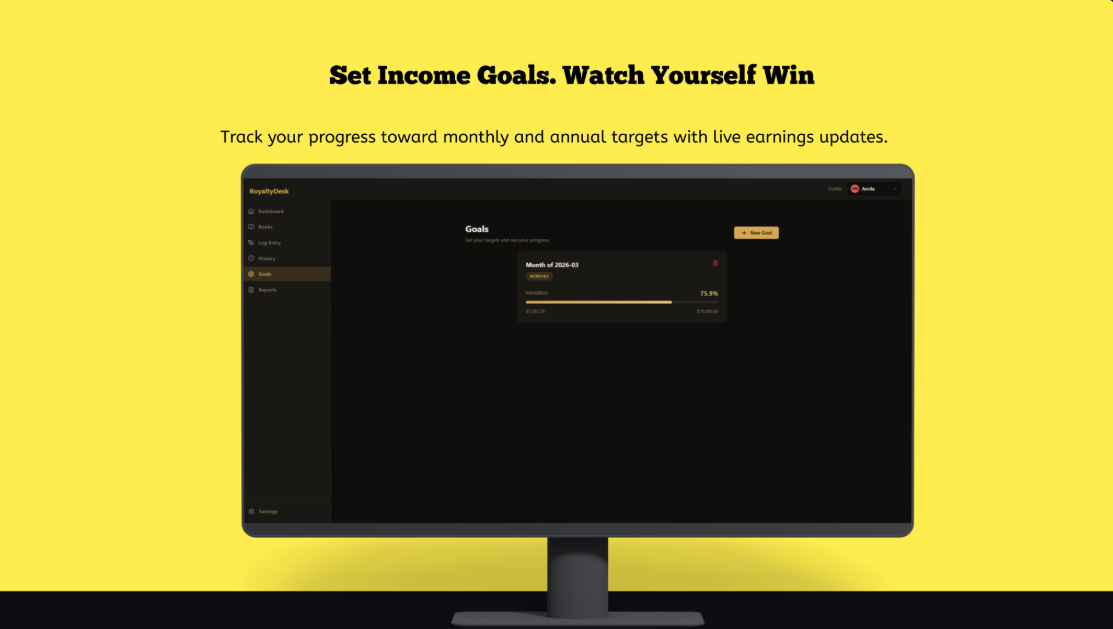 RoyaltyDesk Goals — Set monthly and annual income goals with progress tracking